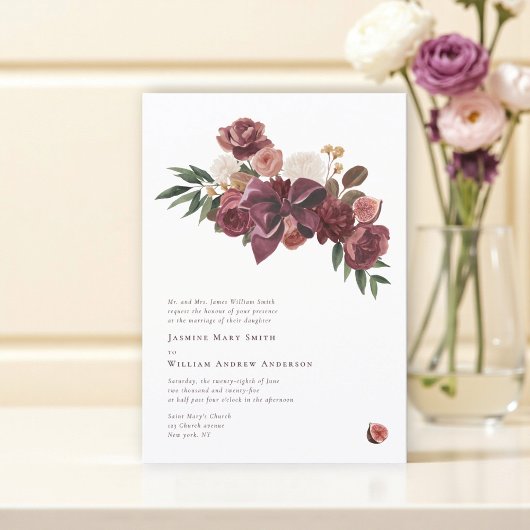 Elegant Burgundy fig Floral Wedding Announcement 招待状