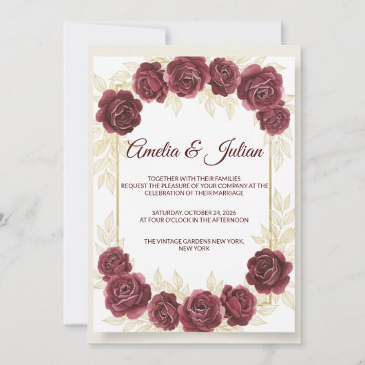 Elegant Burgundy Floral and Gold Wedding Invitatio 招待状 (正面)