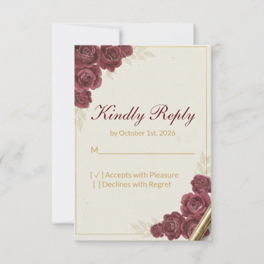 Elegant Burgundy Floral and Gold Wedding RSVP Card (正面)