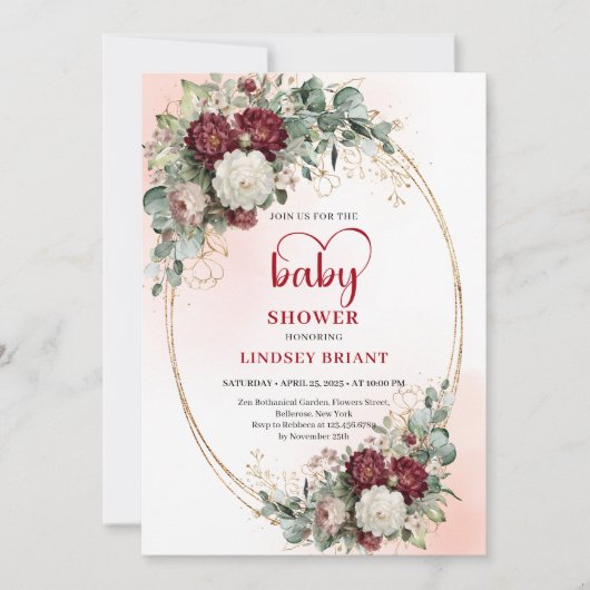 Elegant Burgundy Floral Baby Shower Invitation 招待状 (正面)