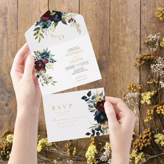 Elegant Burgundy Floral Blooms & Greenery wedding オールインワン招待状