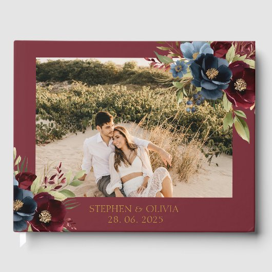 Elegant Burgundy Floral Blooms & Greenery wedding ゲストブック (正面)