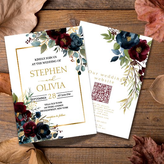 Elegant Burgundy Floral Blooms wedding  QR details 招待状