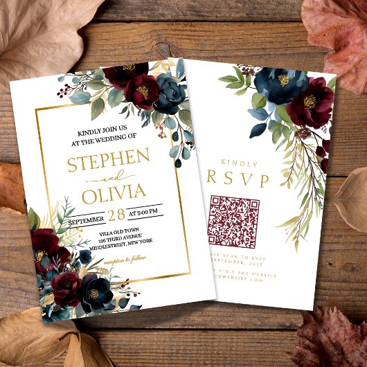 Elegant Burgundy Floral Blooms wedding QR RSVP 招待状
