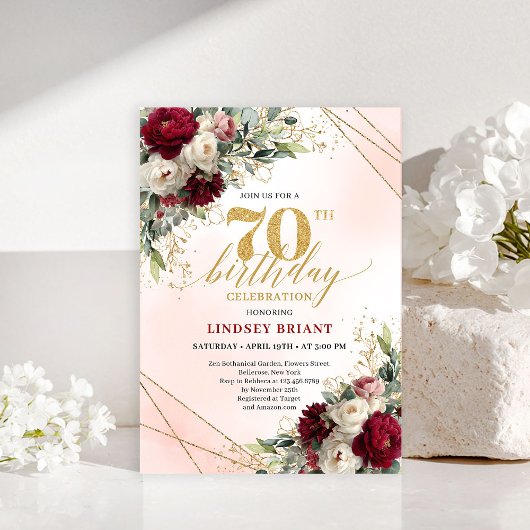 Elegant Burgundy Floral Boho Milestone Invitation 招待状