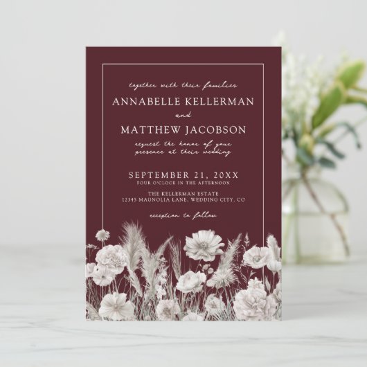 Elegant Burgundy Floral Boho Wedding 招待状 (スタンド正面)