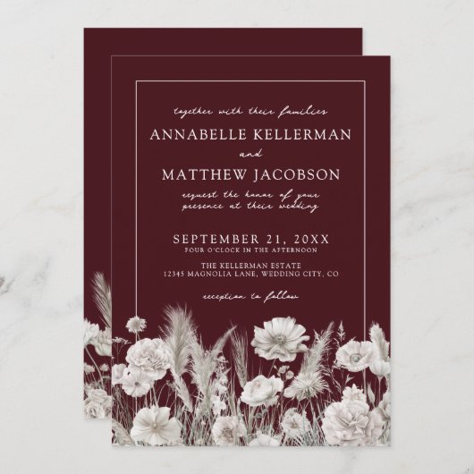 Elegant Burgundy Floral Boho Wedding 招待状 (正面/裏面)