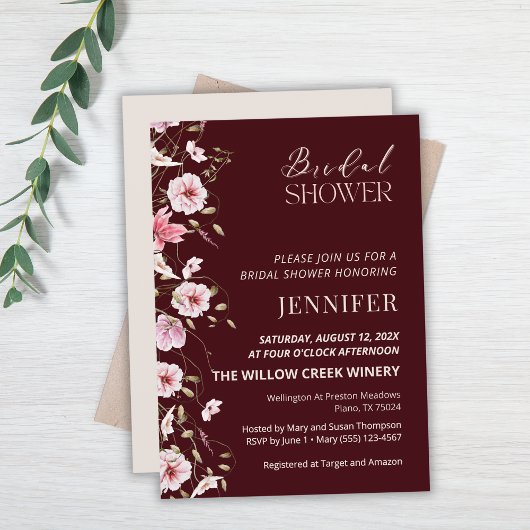 Elegant Burgundy Floral Bridal Shower Invitation 招待状