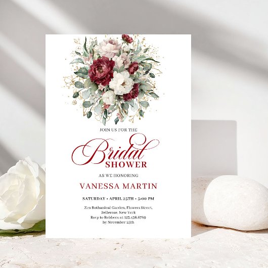 Elegant Burgundy Floral Bridal Shower Invitation 招待状