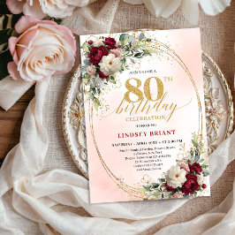 Elegant Burgundy Floral Gold 80th Birthday Party  招待状