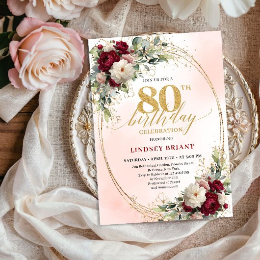 Elegant Burgundy Floral Gold 80th Birthday Party 招待状