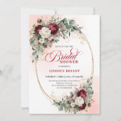 Elegant Burgundy Floral Gold Bridal Shower Invite 招待状 (正面)