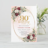 Elegant Burgundy Floral Gold Frame 90th Birthday 招待状 (スタンド正面)