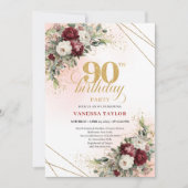 Elegant Burgundy Floral Gold Frame 90th Birthday 招待状 (正面)