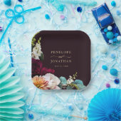 Elegant Burgundy Floral Gold Monogram Wedding ペーパープレート (パーティー)