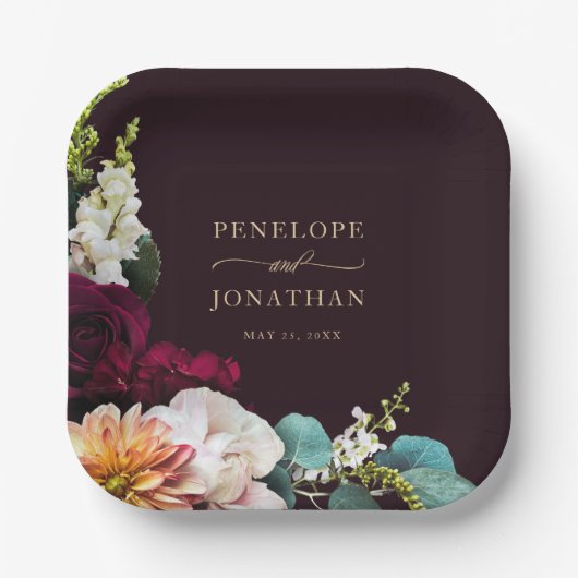 Elegant Burgundy Floral Gold Monogram Wedding ペーパープレート (正面)