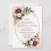 Elegant Burgundy Floral Gold Quinceañera Invite 招待状 (正面)