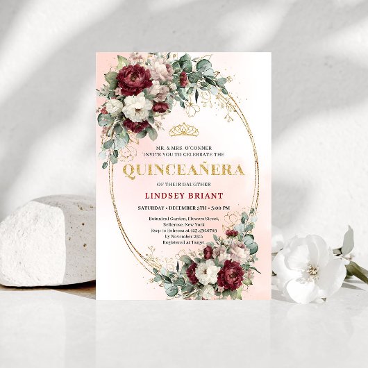 Elegant Burgundy Floral Gold Quinceañera Invite 招待状
