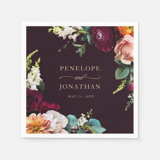 Elegant Burgundy Floral Gold Script Wedding スタンダードカクテルナプキン (正面)