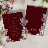 Elegant Burgundy Floral Gold Script Wedding 箔招待状
