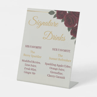 Elegant Burgundy Floral&Gold Signature Drinks Sign 台座サイン