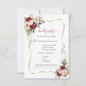 Elegant Burgundy Floral Gold Song Request Wedding  出欠カード (正面)