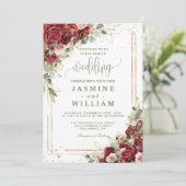 Elegant Burgundy Floral Gold Wedding 招待状 (スタンド正面)