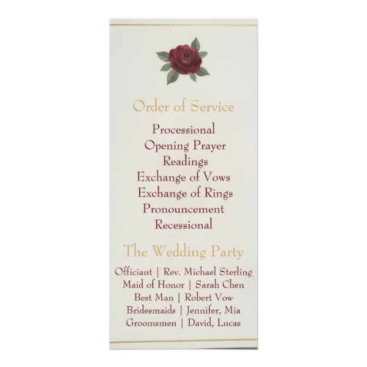Elegant Burgundy Floral & Gold Wedding Program ラックカード (裏面)