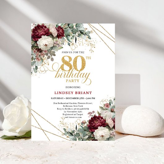 Elegant Burgundy Floral Greenery 80th Birthday 招待状