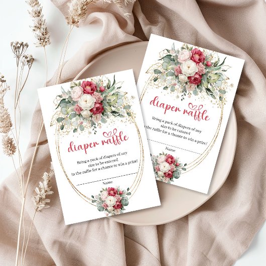 Elegant Burgundy Floral Greenery Diaper Raffle エンクロージャーカード