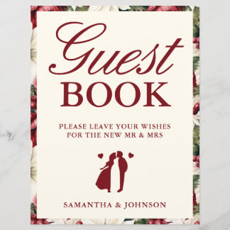 Elegant Burgundy Floral Guest Book Wedding Sign