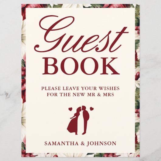 Elegant Burgundy Floral Guest Book Wedding Sign (正面)