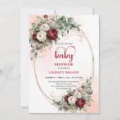 Elegant Burgundy Floral Heart-Shaped Font Baby  招待状 (正面)