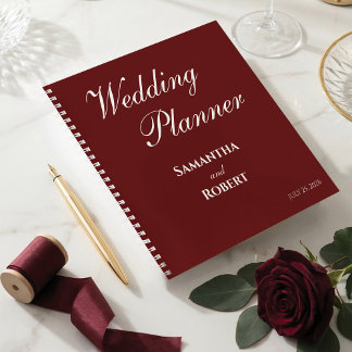 Elegant Burgundy Floral Line Art Wedding Planner ノートブック