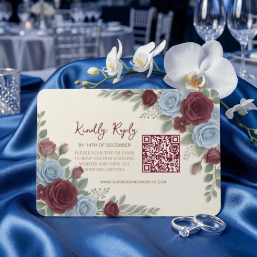 Elegant Burgundy Floral Modern QR Code Wedding 出欠カード