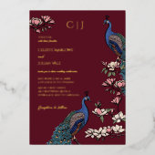 Elegant Burgundy Floral Peacock Wedding 箔招待状 (正面)