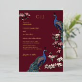 Elegant Burgundy Floral Peacock Wedding 箔招待状 (立ち正面)