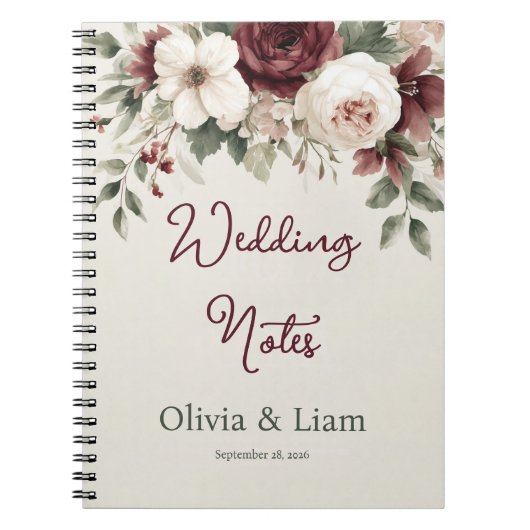 Elegant Burgundy Floral Personalized Wedding Plann ノートブック (正面)