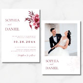 Elegant Burgundy Floral Photo Wedding Invitation  招待状