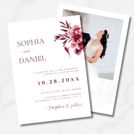 Elegant Burgundy Floral Photo Wedding Invitation  招待状