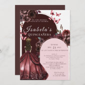 Elegant Burgundy Floral Quinceanera Invitation 招待状 (正面/裏面)
