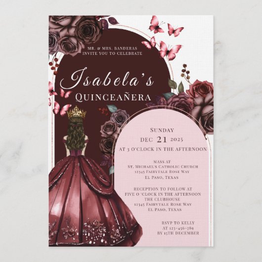 Elegant Burgundy Floral Quinceanera Invitation 招待状 (正面)