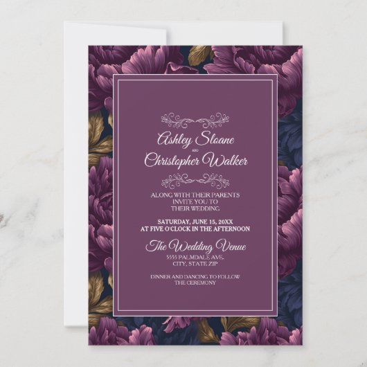 Elegant Burgundy Floral RSVP QR code Wedding 招待状 (正面)