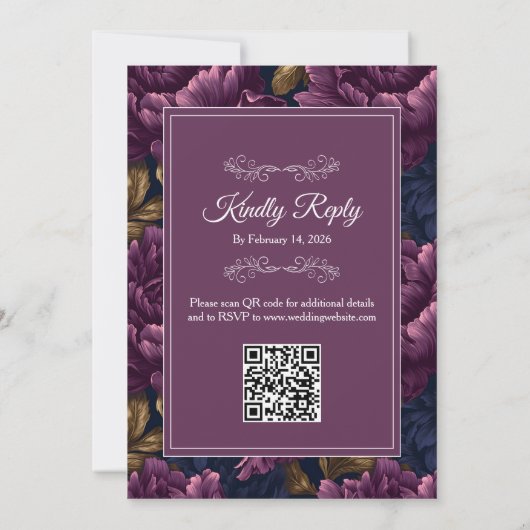 Elegant Burgundy Floral RSVP QR code Wedding 招待状 (裏面)