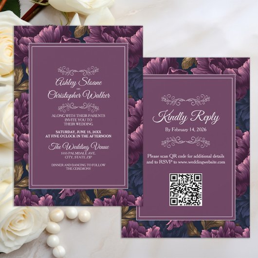 Elegant Burgundy Floral RSVP QR code Wedding 招待状