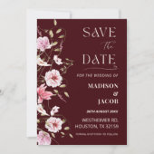 Elegant Burgundy Floral Save the Date Card 招待状 (正面)