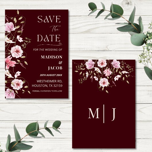 Elegant Burgundy Floral Save the Date Card 招待状