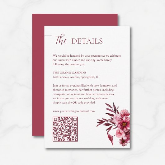 Elegant Burgundy Floral Wedding Details Card QR  エンクロージャーカード
