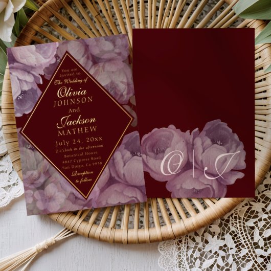 Elegant Burgundy Floral Wedding Invitation  箔招待状