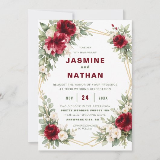 Elegant Burgundy Floral Wedding Invitation Navy  招待状 (正面)